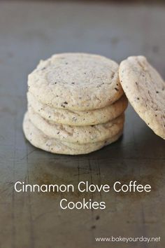 cinnamon clove coffee cookies stacked on top of each other with text overlay reading cinnamon clove coffee cookies