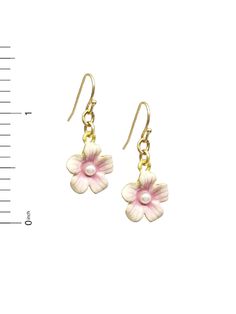 These fresh cherry blossom earrings are beautifully crafted with soft pink & white enamel details and set in the center with a freshwater pearl. This piece is inspired by sakura, the Japanese term for cherry trees and their lovely pink flowers. Although originally found in Asia, cherry blossoms have come to symbolize spring in Washington, DC., after a gift of 3,000 cherry trees from the mayor Yukio Ozaki of Tokyo to America's capitol in 1912. Gold Plated ear wires and details have a soft matte g Pearl Drop Earrings As Spring Gifts, Pink Enamel Jewelry With Flower Charm, Pink Enamel Flower-shaped Jewelry, Pink Flower-shaped Enamel Earrings, Pink Flower Enamel Earrings, Pink Enamel Flower-shaped Earrings, Flower Shaped Pearl Earrings With 3d Flowers As Gift, Delicate Pink Birth Flower Earrings, Pink Birth Flower Shaped Earrings