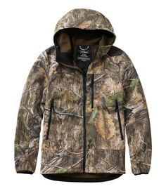 This technical big game softshell jacket is versatile enough to wear all season long. You can wear it alone on cool days or as a layer in cold weather. Slightly Fitted. 100% polyester. Wind- and water-resistant front zipper is cleanly designed to be snag-free. Articulation and flat seams provide comfort and excellent range of motion. Two handwarmer and one vertical chest pocket provide storage for gear and can be used even with a pack on. Silicone print on shoulders prevents straps and slings fr Functional Fall Hunting Windbreaker, Functional Fall Windbreaker For Hunting, Functional Waterproof Windbreaker For Hunting, Camouflage Outerwear For Outdoor Work In Fall, Functional Waterproof Hunting Outerwear, Functional Windproof Windbreaker For Hunting, Functional Windproof Hunting Outerwear, Fall Hunting Techwear Windbreaker, Winter Camouflage Nylon Outerwear