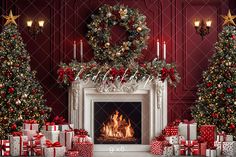 a fireplace with presents and christmas trees around it