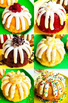 several different types of bundt cakes with icing and sprinkles