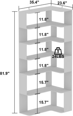 a white shelf with measurements for the top and bottom shelves on each side, along with an additional height