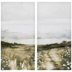 two paintings of grass and flowers in the middle of an open field with clouds above them