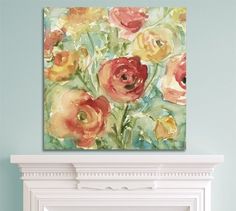 watercolor painting of flowers on paper framed print featuring orange, pink and yellow roses