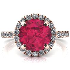 Talia Round Ruby 4 Prong Halo 3/4 Micropave Engagement Ring-FIRE & BRILLIANCE Stones Rings, Ruby Diamond Ring, Halo 5, Colored Stone Rings, Colored Stones, Ruby Diamond, Matching Band, Prism Color, Micro Pave