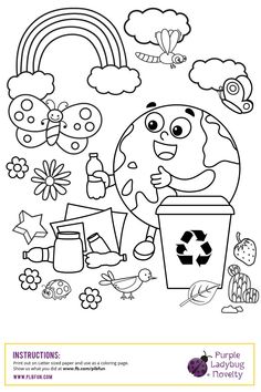 a coloring page with an earth and some other things on it, including a rainbow