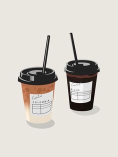 two coffee cups with lids and straws on them, one is black and the other is brown