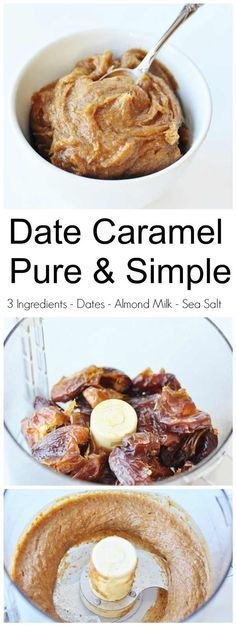 dates caramel pure and simple recipe in a food processor with text overlay reading date caramel pure & simple