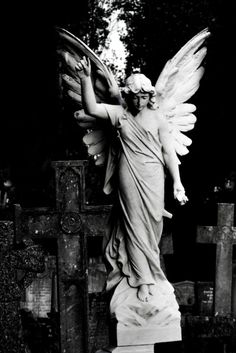 an angel statue is shown in black and white