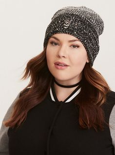 You can still be rock 'n' roll and remain warm and cuddly; this beanie proves it. The black and white marled knit is stretchy, soft and keeps you warm while you headbang with embellished studs and a skull. One size. Acrylic. Hand wash cold, dry flat. Imported. The best plus size women's knit skull embellished beanie beanies in grey. Torrid is your destination for cozy fall and winter clothes to keep you warm and comfortable. Trendy Black Knit Beanie, Trendy Slouchy Beanie, Trendy Adjustable Beanie For Fall, Embellished Beanie, Zen Logo, Chainmaille Jewelry Patterns, Chain Maille Jewelry, A Skull, Head Accessories