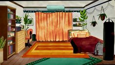 a drawing of a bedroom with orange drapes on the window and green rugs