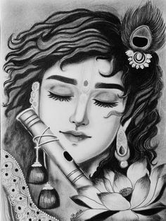 a pencil drawing of a woman with her eyes closed and holding a pipe in her hand