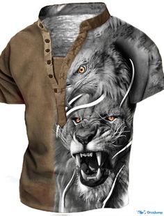 OrcaJump - Mens T-Shirt Henley Shirt Tee Graphic Animal Color Block Stand Collar Brown 3D Print Plus Size Outdoor Daily Short Sleeve Mens Henley, Animal Graphic, Henley Shirt, 3d T Shirts, Henley Shirts, Big And Tall, Tshirts Online, 3d Print, Stand Collar