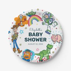 a personalized baby shower button with cartoon characters