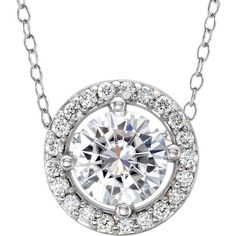 a necklace with a large diamond surrounded by small white diamonds on a silver plated chain