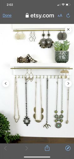 a white wall with several necklaces hanging from it's hooks and two potted plants