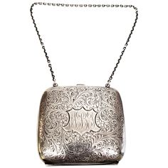 Vintage sterling silver coin purse by La Pierre Manufacturing Co. Etched floral and flourish engraved design with monogram on one side. Round link chain strap and interior pockets on each side. Monogram appears to be NBJ Size: 3 1/2"" wide x 3 1/4"" high x 3/8"" thick. Strap measures 13 1/2"" long. Weight: 111.8g/71.9dwt Marked: L (La Pierre hallmark) STERLING Very nice condition with some surface scratches and tarnish. Interior fabric has some discoloration. CL03252020 Will come insured and pac Elegant Evening Bags With Embossed Details, Elegant Embossed Evening Bags, Formal Silver Engraved Bags, Engraved Silver Evening Bag, Engraved Rectangular Evening Bag, Elegant Silver Rectangular Coin Purse, Elegant Engraved Bags For Formal Occasions, Antique Engraved Rectangular Bag, Antique Engraved Rectangular Bags