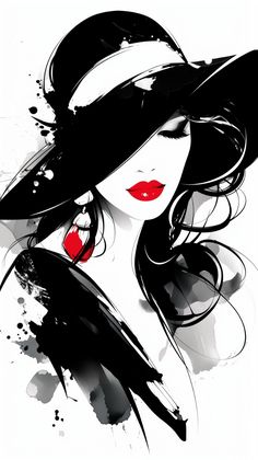 a woman wearing a black hat with red lips and long dark hair is featured in this artistic fashion illustration