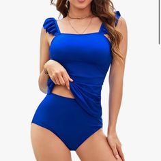 Kate Kasin 2024 Two Piece Tankini Swimsuit For Women High Waisted Tummy Control Floral Swimwear Ruched Padded Bathing Suit; Color: Royal Blue; Size: Large Blue Ruched Swimwear For Party, Blue Fitted Tankini For Party, Fitted Blue Ruched Swimwear, Blue Fitted Ruched Swimwear, Fitted Blue Ruched Tankini, Blue Sleeveless Tankini For Party, Blue Sleeveless Party Tankini, Floral Swimwear, Nike Neon