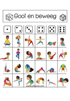 a game with people doing yoga poses in front of the words,'cool en beweg '