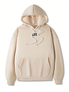 Manfinity Men Slogan & Floral Print Kangaroo Pocket Drawstring Thermal Hoodie | SHEIN USA Nice Hoodies For Women, Beige Pullover, Oversize Pullover, Pullover Sweater Men, Loose Coats, Blue Army, Zip Hoodies, Wardrobe Outfits