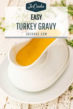 an easy turkey gravy recipe on a white plate with the title overlay