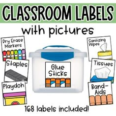 classroom labels with pictures for glue sticks, markers and other items to use in the classroom