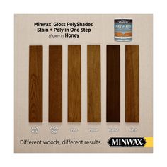 Minwax PolyShades enhances wood grain by combining beautiful rich stain color and long-lasting polyurethane protection in one easy step. Minwax PolyShades 4-Pack Oil-based Honey Semi-transparent Gloss Interior Stain (1-quart) in Brown | 614960444SOS Minwax Polyshades, Natural Bristle Brush, Half Pint, Brown Interior, Wood Stain Colors, Warning Labels, Wood Oil, Mineral Spirits, Semi Transparent