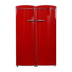 a red refrigerator freezer sitting next to each other