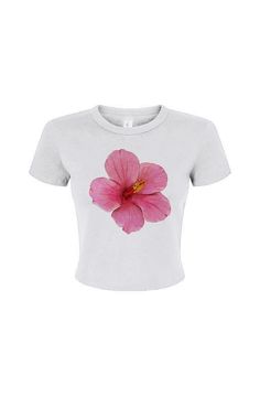 Pink Hibiscus Baby Tee Baby Pink Crop Top, Hibiscus Shirt, Pink Baby Tee, Basic Clothes, Pink Hibiscus, 2024 Christmas, Y2k Clothing, Pink Crop Top, Mood Board Fashion