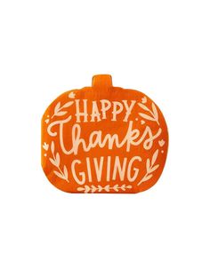 an orange pumpkin shaped purse with the words happy thanksgiving giving written in white on it