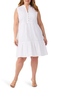 A tiered skirt and ruffle trim at the neckline add fun flourishes to this casual-chic sleeveless dress. 40" length (size 2X) Front button closure Split neck Sleeveless Unlined 98% cotton, 2% spandex Machine wash, dry flat Imported Casual Sleeveless Tiered Dress For Daywear, White Sleeveless Cotton Tiered Dress, Sleeveless Cotton Tiered Dress For Daywear, White Sleeveless Casual Tiered Dress, Casual White Sleeveless Tiered Dress, Casual Sleeveless Tiered Dress With Ruffles, Casual Sleeveless Dress With Tiered Skirt For Summer, Sleeveless Sundress With Ruffle Hem, White Casual Tiered Dress