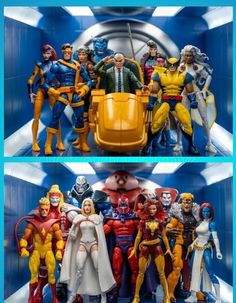 some action figures are posed in front of a blue background