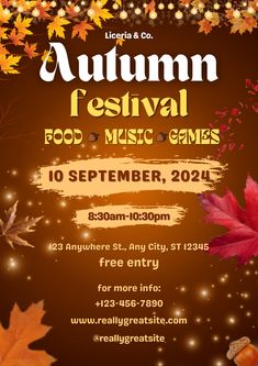 an autumn festival flyer with leaves and lights