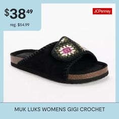 Step into the epitome of Boho-chic elegance with the Muk Luks women's gigi crochet slide sandal - a unique blend of style, comfort, and craftsmanship. Immerse yourself in the artistry of crochet granny patch details, along with luxurious touch of genuine suede. Enjoy the convenience of a customizable fit with the hook and loop closure. Slide into comfort with a cushioned footbed, giving you the freedom and comfort to move confidently throughout your day.Features: EmbellishedClosure Type: Slip-O… Casual Crochet Sandals For Summer, Crochet Sandals For Beach, Crochet Open Toe Sandals For Spring, Black Textured Footbed Slide Sandals, Bohemian Slip-on Beach Slippers, Comfortable Non-slip Black Slides, Spring Crochet Open Toe Sandals, Handmade Bohemian Slip-on Mules, Bohemian Embroidered Slip-on Sandals