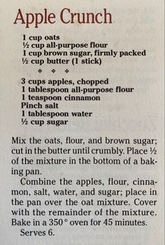 an apple crunch recipe is shown with instructions