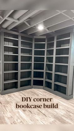 an empty bookcase with the words diy corner