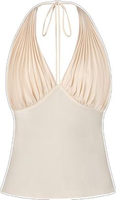 Chic Fitted V-neck Halter Top, Elegant Halter Top With Built-in Bra For Summer, Feminine Fitted Halter Top For Evening, Elegant Beige Sleeveless Halter Top, Elegant Triangle Halter Top For Spring, Elegant Sleeveless Beige Halter Top, Formal Summer Backless Halter Top, Chic Fitted Halter Top With Lined Body, Elegant Summer Tops With Bust Darts