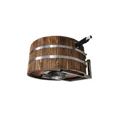 a wooden barrel light hanging from the ceiling with two metal bars attached to it's sides