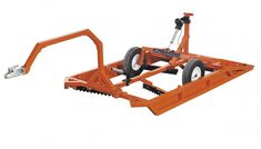 an orange tow dolly with wheels on the front and rear wheel, attached to a white background