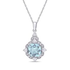 Chic and timeless, this vintage-style gemstone and diamond drop pendant is perfect for the sophisticated woman. Fashioned in 14K white gold, this darling design features an 8.0mm cushion-cut icy-blue aquamarine wrapped in a floral frame of alternating white sapphires and sparkling diamond-touched petal shapes. An intricate touch, a petite sapphire tops the design. Buffed to a brilliant luster, this pendant suspends along a 17.0-inch Singapore chain that secures with a spring-ring clasp. Luxury Diamond-cut Blue Topaz Necklace, Diamond Drop Pendant, Vintage Halo, Halo Necklace, Wedding Pendant, Diamond Jewelry Designs, Floral Frame, Sapphire Pendant, White Gold Necklaces