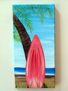 an image of a pink flower on a canvas with palm trees and the ocean in the background