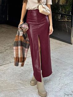 High-Quality Burgundy Leather Pencil Skirt with Split Hem Fall Pencil Skirt For Going Out, Burgundy Leather Skirt, Burgundy Midi Skirt, Midi Skirt Vintage, Casual Denim Skirt, Skirt With Split, Fresh Outfits, Stylish Skirts, Leather Midi Skirt