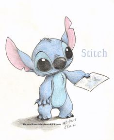 a drawing of stitch holding a piece of paper with the word stitch written on it