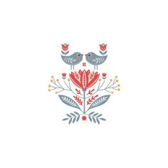 two birds sitting on top of flowers and leaves in the middle of a white background