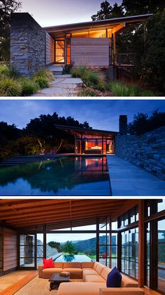 two different views of the inside and outside of a house at night, with lights on