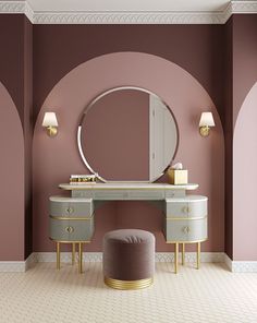 an image of a vanity with mirror and stool in the room that has pink walls