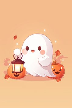 a cartoon ghost with two pumpkins and a lantern on the ground in front of an orange background