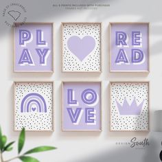 four framed art pieces with the words play, love, and rainbows on them