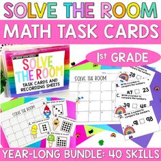 solve the room math task cards for 1st grade and 3rd grade with text overlay